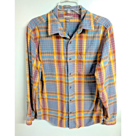 Eddie Bauer Shirt M Fall Blue Burgundy Yellow Check Unisex - Picture 1 of 5